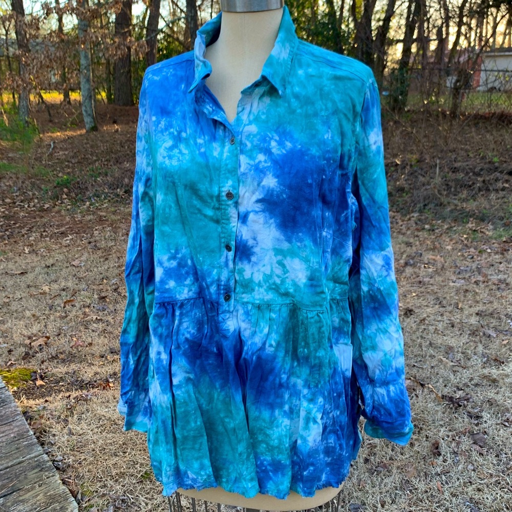 Tie Dye Ruffle Half Button-Up